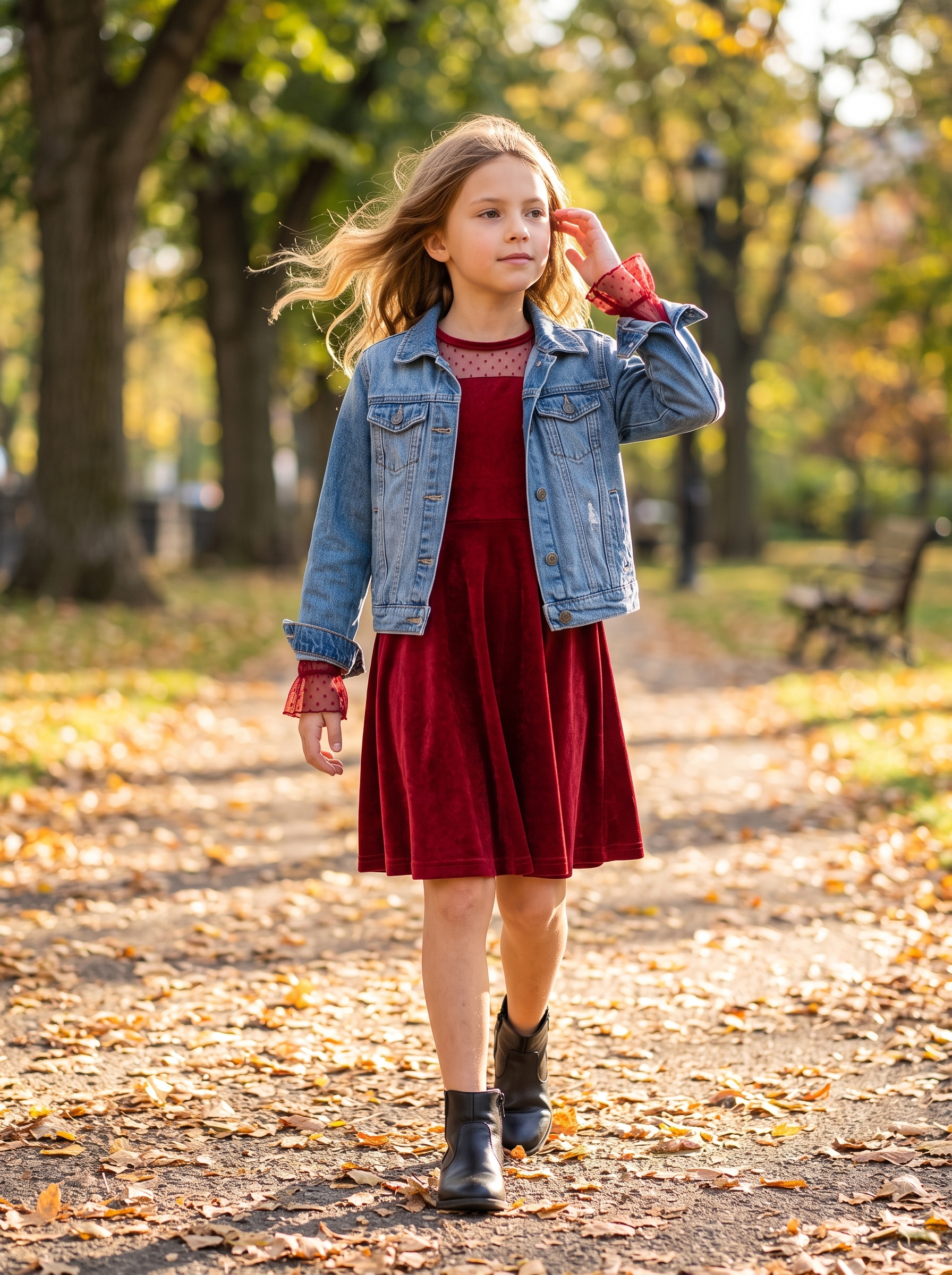 Girl wearing a red FREELYVE velvet dress outdoors
